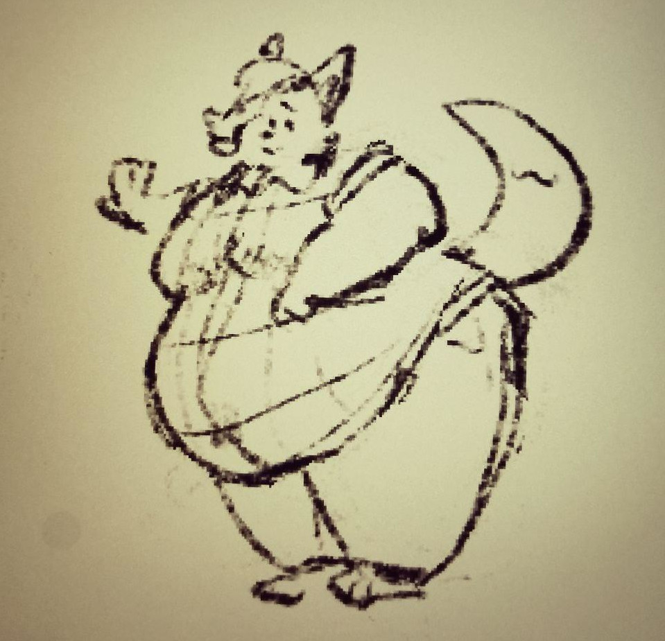 A sketch of a hugely fat, bipedal fox with his overhang tucked into his flannel, just leaning against a way while he waddles.