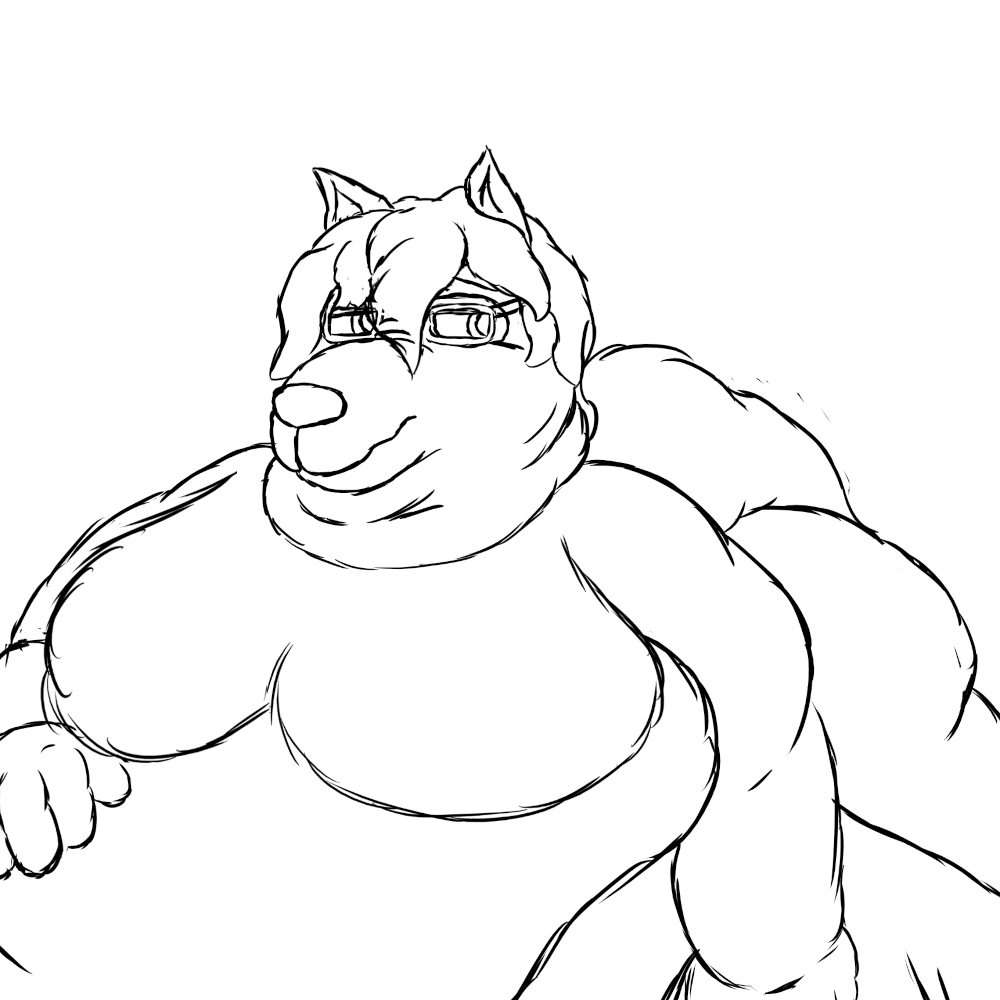 A WIP sketch of a hugely fat, male foxtaur viewed from the front. He's sort of laying on top of his lower belly.
