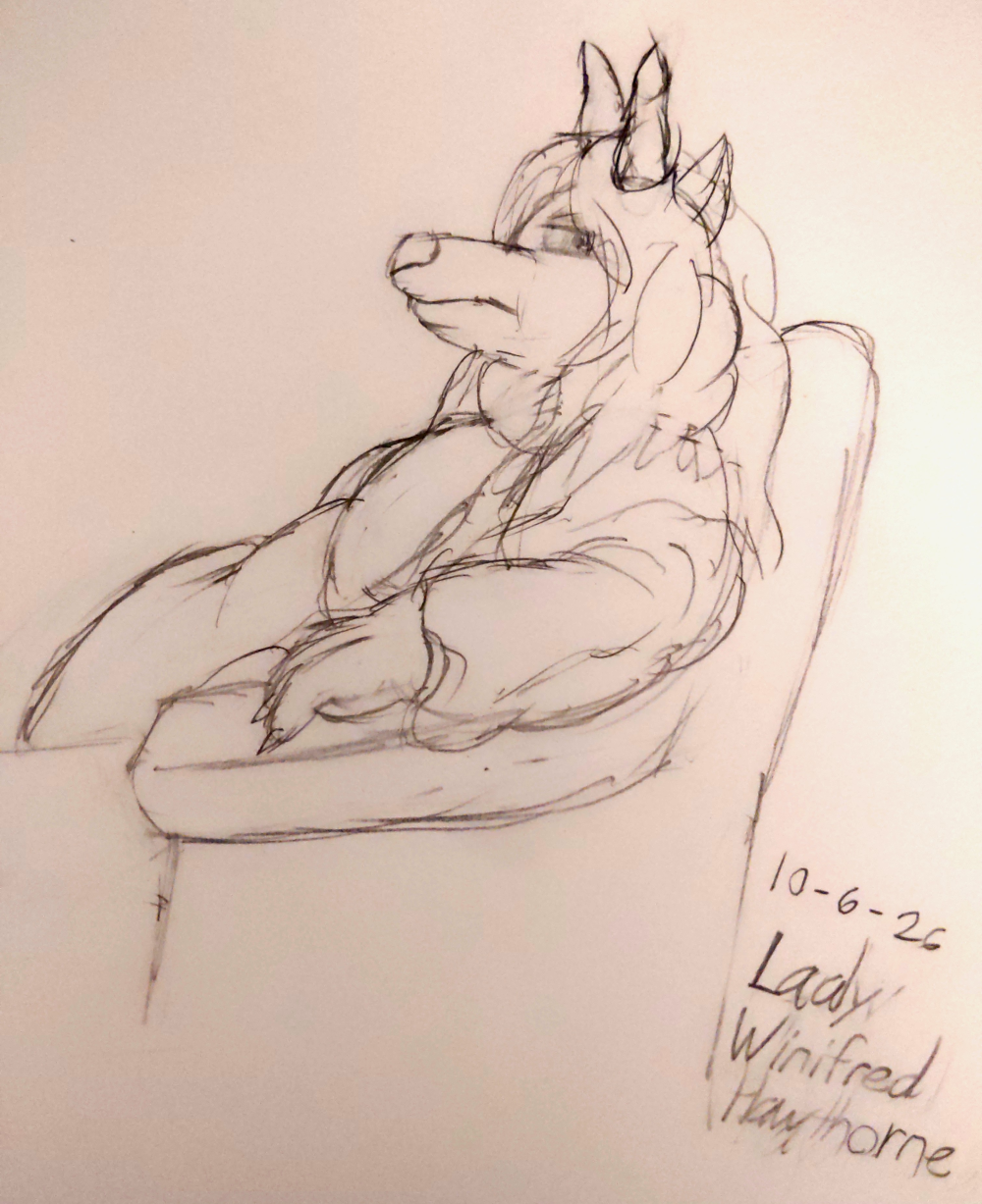 A sketched side view of a very fat noblewoman in a lounging chair. She's a demon dog, and she's only wearing an open robe with her breasts and belly just spilling out. She's mildly scowling. Her hair is past her shoulders.
