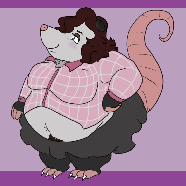 Art of a very fat, very short opossum woman. A real girthy shortstack with a paw on her hip and a good bit of makeup. She's wearing a pink flannel and a skirt, but her overhang's spilling out. She's got reddish-brown hair, and the treasure trail on her belly's the same color.