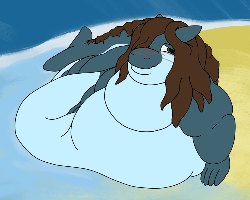 Art of a very fat, male, sea monster washed up on the beach. He has a dark blue and bluish white coloration, and a brown mane that stretches back to his tail. He's blushing.