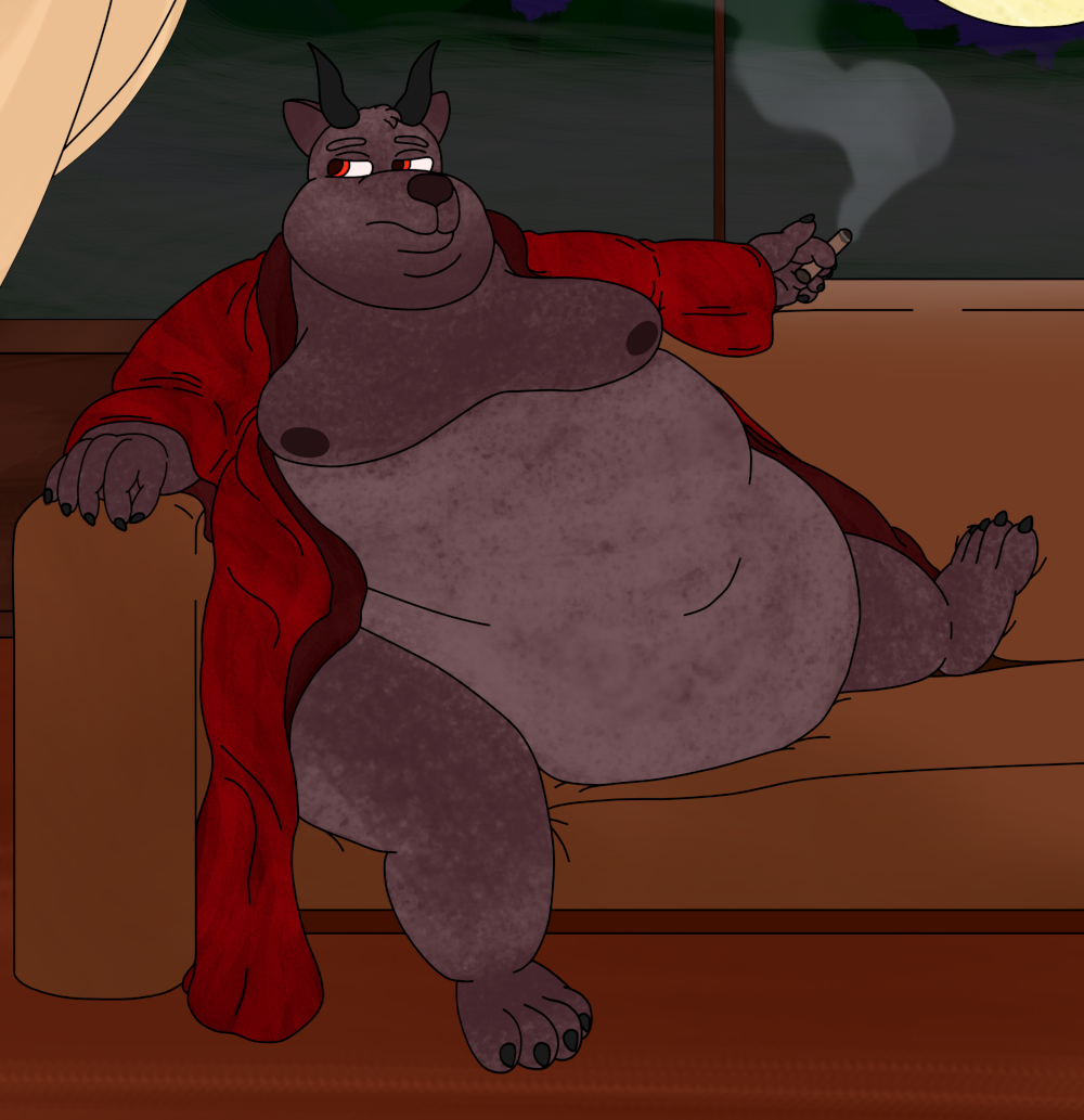 Textured digital artwork of a very fat, brown, demon dog lounging on a couch in his smoking room, smoking a cigar. He's wearing a red velvet robe, completely exposing himself from the front, but his lower bits are obscured by his overhang. Behind him is a misty forest and the full moon. His resting face looks mildly grumpy