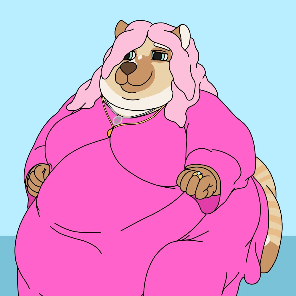 Art of a very fat raccooncat lady wearing a fuchsia maxi-dress. She's sitting down and facing mostly forward. She has long, pink hair and creamy fur with patches of brown and white. Her tail is very raccoon-like. She's wearing a gold necklace and a silver necklace, and she also has a gold wedding ring with a diamond. The gold necklace is lower, and it's carrying a polished piece of amber. The silver necklace is higher, and it's of the tree Yggdrasil. She has a pinkish berry-color cane, and she looks really cozy and content.