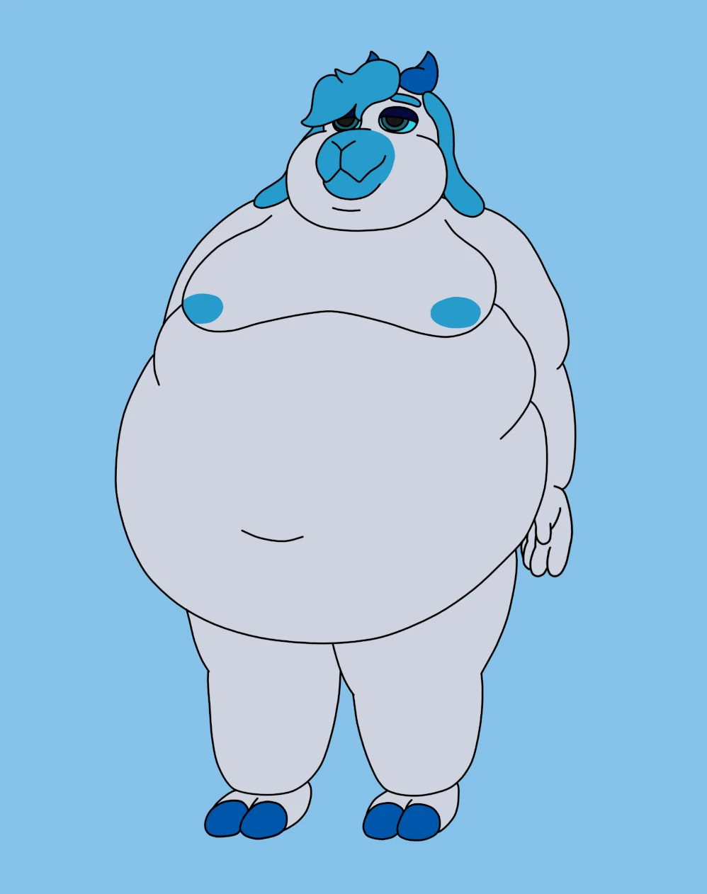 Front facing art of a very fat, middle heavy, male goat with white fur. His hair is a short flow of blue turned to his right, and his muzzle, floppy ears, and the nipples on his moobs are that same blue. He has deeper blue horns and cloven hooves. he's not wearing any clothes, and he looks very relaxed.