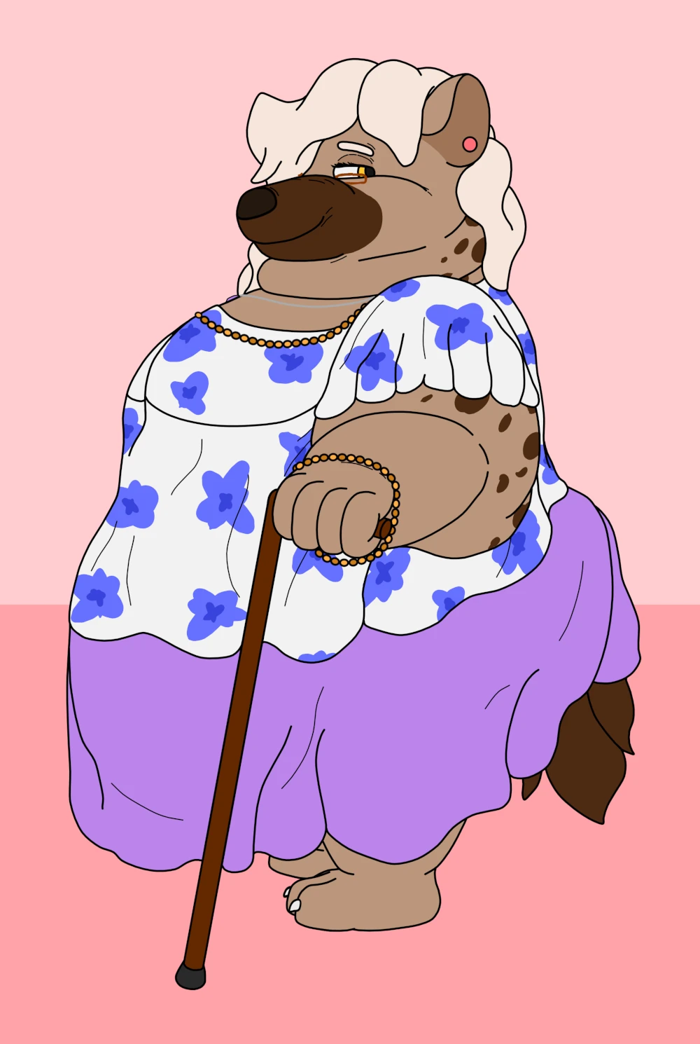 Art of a very fat, spotted hyena woman in her 50s. She's standing with her cane and confidently smirking behind herself. She's wearing a while blouse with blue flowers and a long purple skirt. She's also wearing an amethyst necklace and an orange-brown mineral bead necklace and bracelet set.