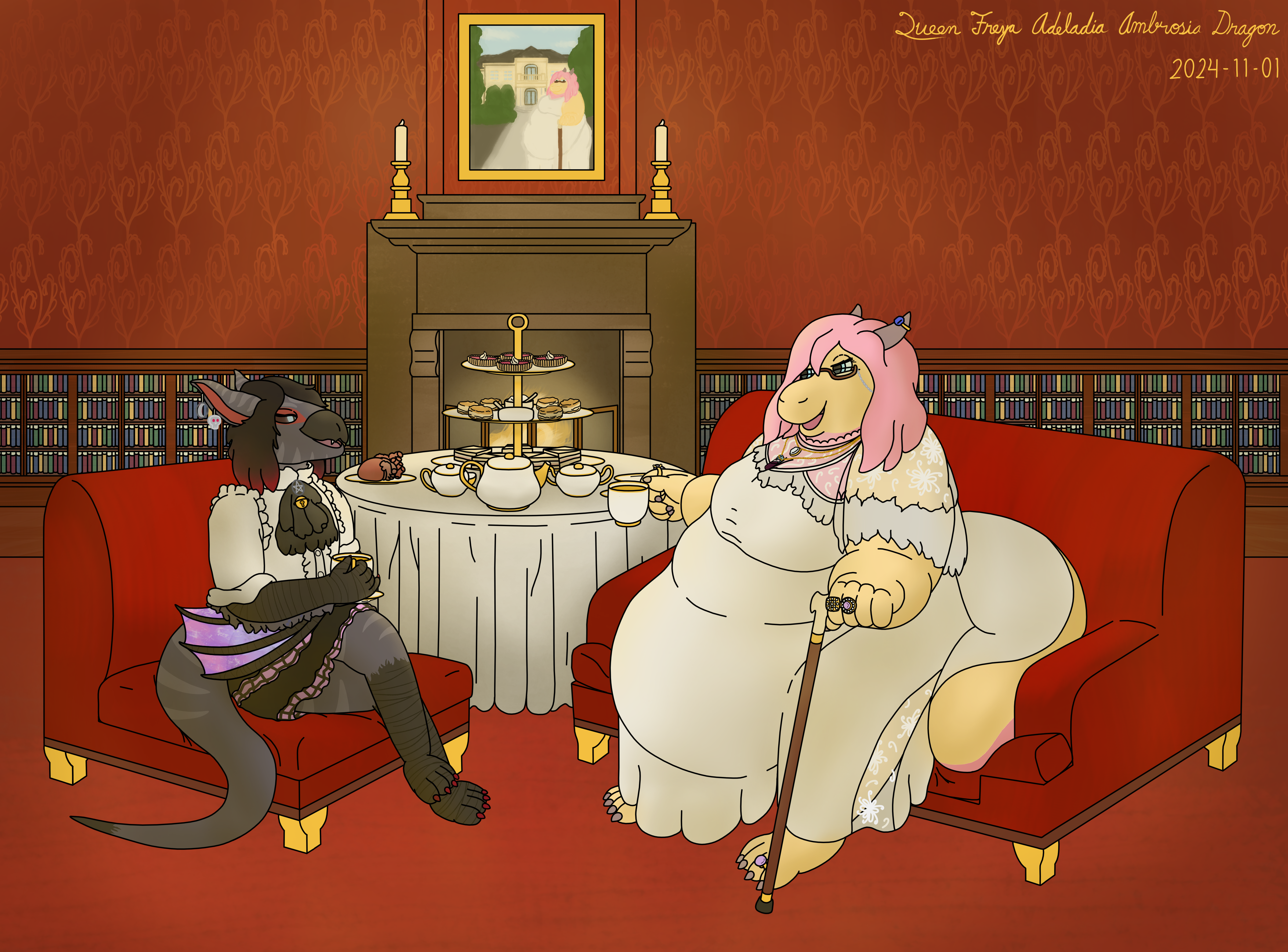 A vampire, nargacuga prince joining a very obese dragoness queen for tea. The Prince is wearing a white, frilled shirt with a black cravat, and a black and pink skirt. The Queen is wearing a white maxi-dress that fits rather snugly to her rolls and curves, with sheer fabric around her shoulders and the tops of her breasts. A cane is grasped in her claw. They're in one of the Queen's sitting rooms, with the Prince on a chair, and the much larger in all respects, Queen, sitting on a couch. They're both drinking tea out of her finest porcelain, and they appear to be plotting flirtatiously. Behind them is a circular table laid out with teaware, plates, and a tiered stand bursting with sandwiches, scones, and tarts. The Prince has a heart on his plate. Behind the table is a fireplace surrounded by bookshelves. Hung above the fireplace is a painting of the Queen standing in front of one of her mansions, clutching her cane. The piece is signed, 'Queen Freya Adeladia Dragon, 2024-11-01.'