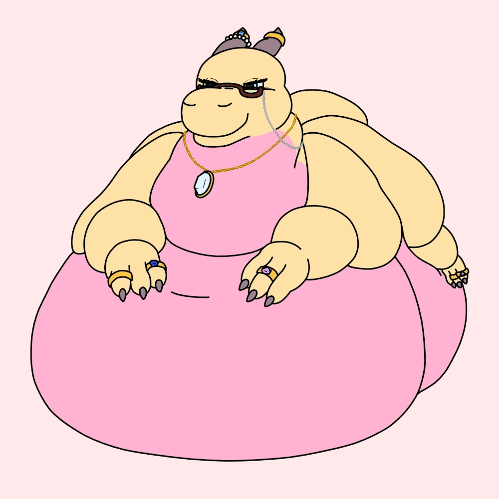 Art of a very obese dragoness queen with yellow and pink scales, where the pink stretches from her neck to the rest of her underside. There is a front view of her, and she is laying upon her belly. She cannot stand. Her body is covered with gold rings and necklaces. Pearls decorate one of her horns. A number of the gold rings and the necklace contain various jewels like diamond, sapphire, and ruby. She's wearing half-lens glasses with a silver glasses chain.